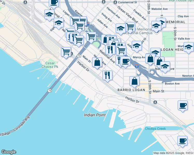 map of restaurants, bars, coffee shops, grocery stores, and more near 2203 Harbor Drive in San Diego