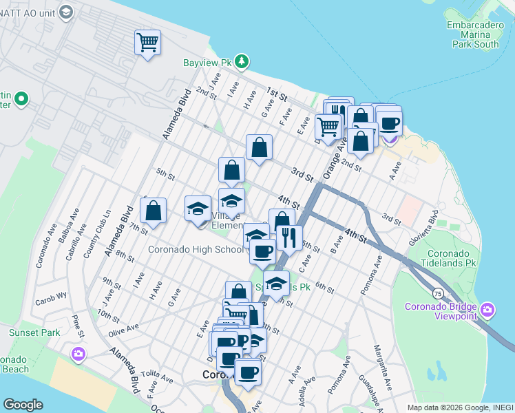 map of restaurants, bars, coffee shops, grocery stores, and more near 500 Palm Avenue in Coronado