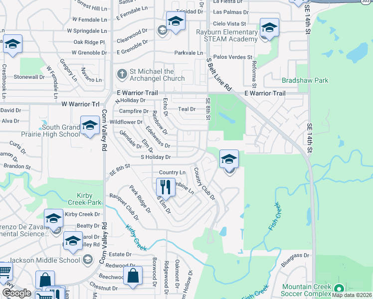 map of restaurants, bars, coffee shops, grocery stores, and more near 717 South Holiday Drive in Grand Prairie