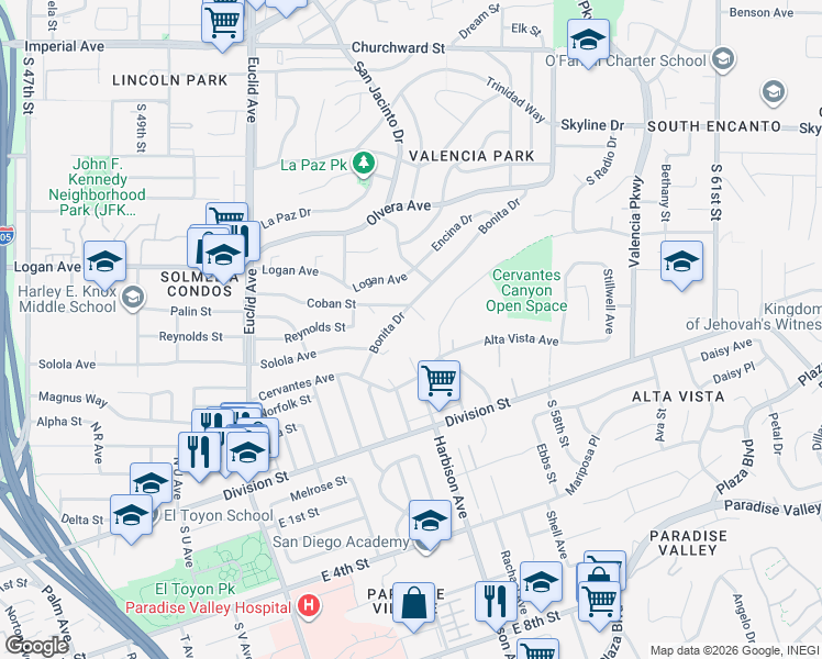 map of restaurants, bars, coffee shops, grocery stores, and more near 5351 Bonita Drive in San Diego
