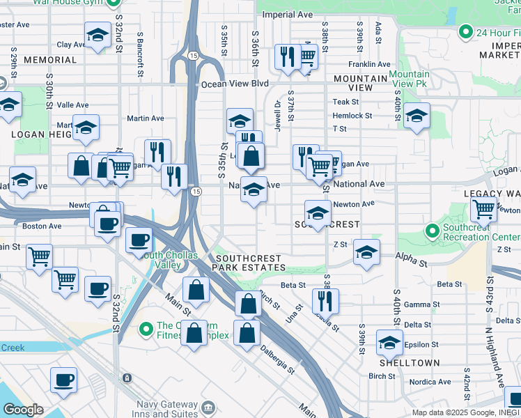 map of restaurants, bars, coffee shops, grocery stores, and more near 1013 South 36th Street in San Diego