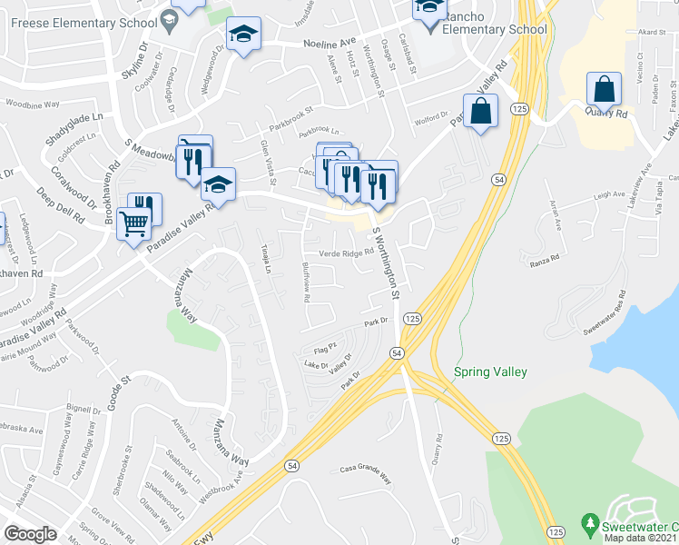 map of restaurants, bars, coffee shops, grocery stores, and more near 557 Granite View Lane in Spring Valley