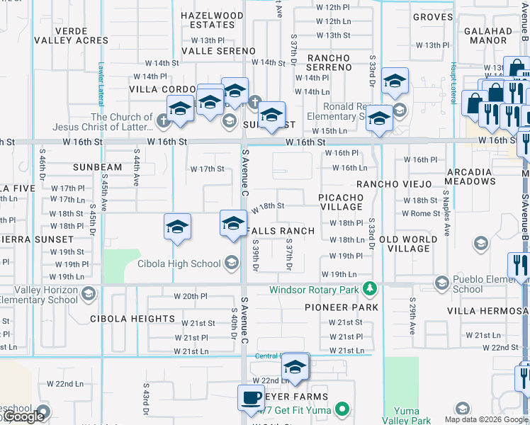 map of restaurants, bars, coffee shops, grocery stores, and more near 3832 West 18th Street in Yuma