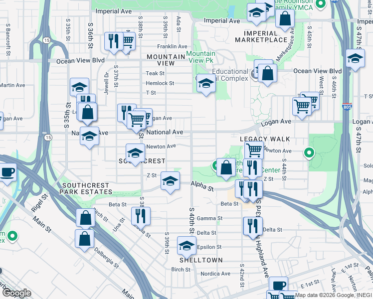 map of restaurants, bars, coffee shops, grocery stores, and more near 1029 South 40th Street in San Diego