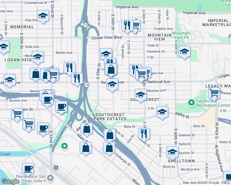 map of restaurants, bars, coffee shops, grocery stores, and more near 1013 South 36th Street in San Diego