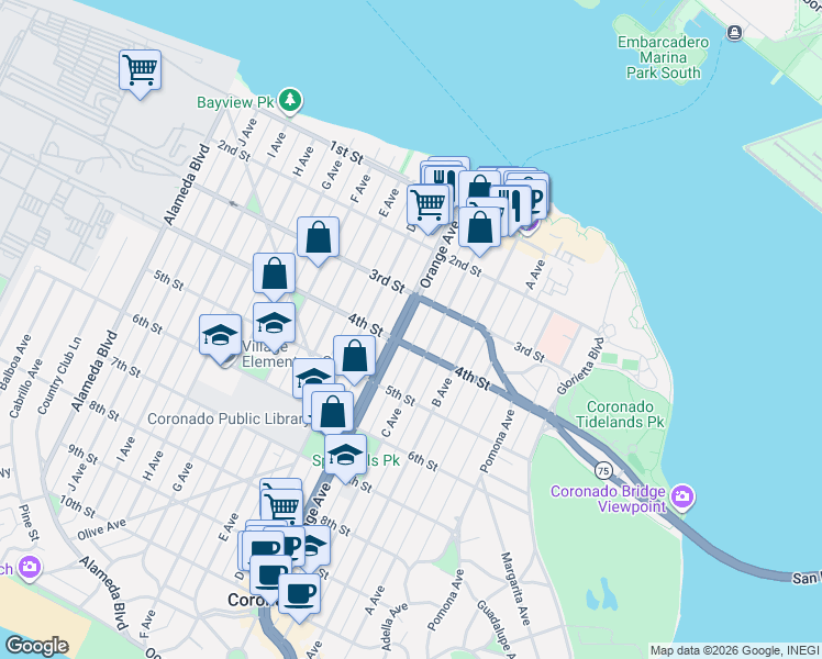map of restaurants, bars, coffee shops, grocery stores, and more near 301 Orange Avenue in Coronado