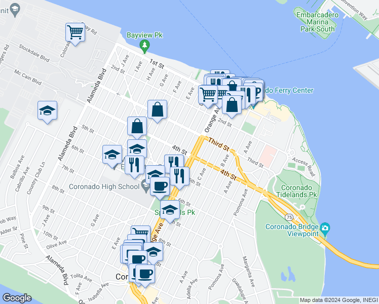 map of restaurants, bars, coffee shops, grocery stores, and more near 345 D Avenue in Coronado