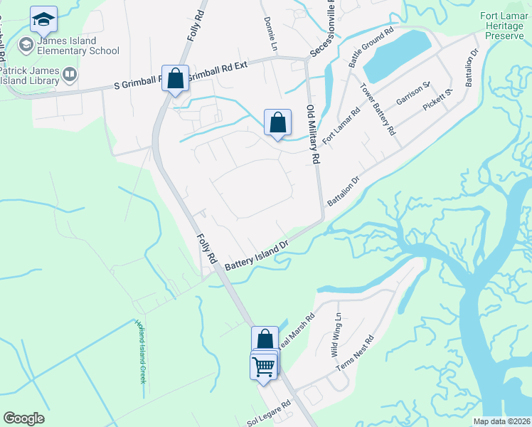 map of restaurants, bars, coffee shops, grocery stores, and more near 1030 Clearspring Drive in Charleston