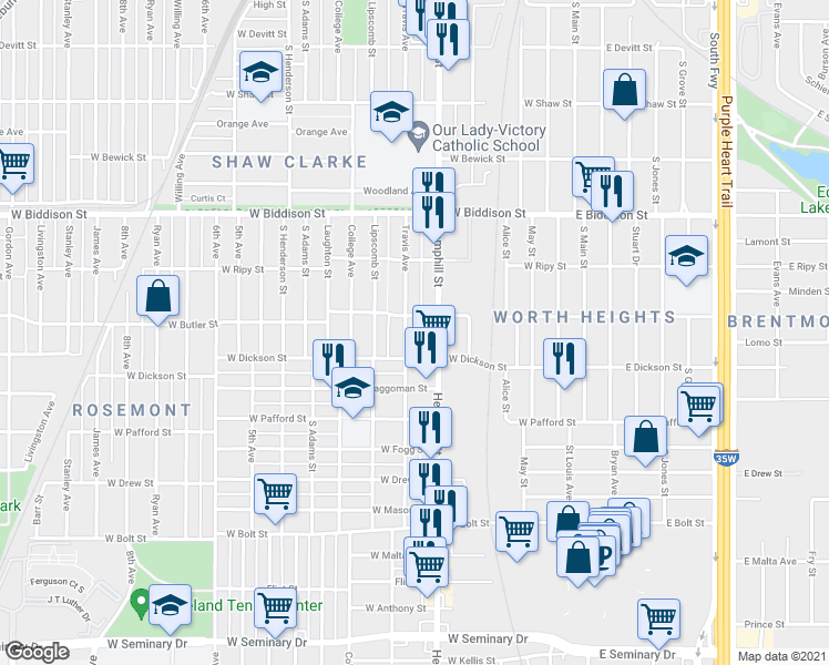 map of restaurants, bars, coffee shops, grocery stores, and more near 3636 Hemphill Street in Fort Worth