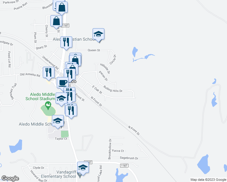 map of restaurants, bars, coffee shops, grocery stores, and more near 433 Rolling Hills Drive in Aledo