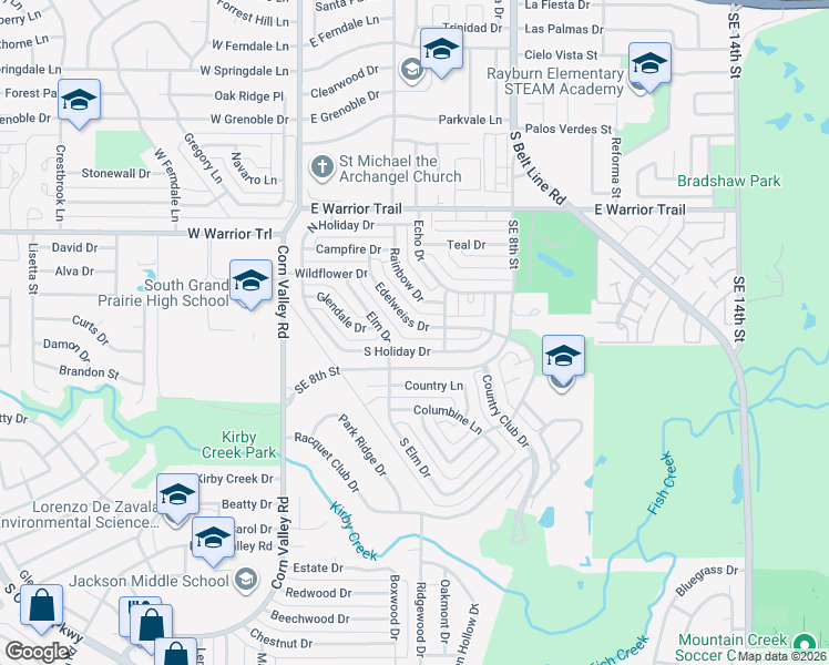 map of restaurants, bars, coffee shops, grocery stores, and more near 605 Rainbow Drive in Grand Prairie