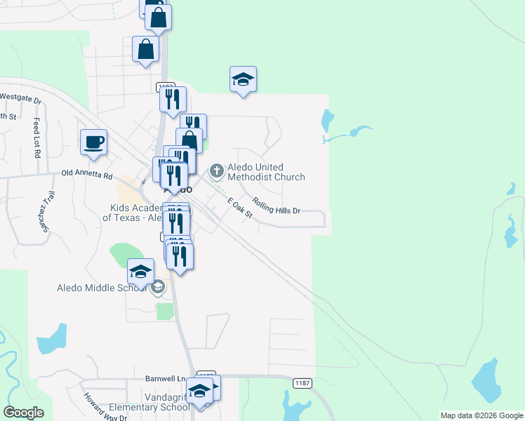 map of restaurants, bars, coffee shops, grocery stores, and more near 413 Rolling Hills Drive in Aledo