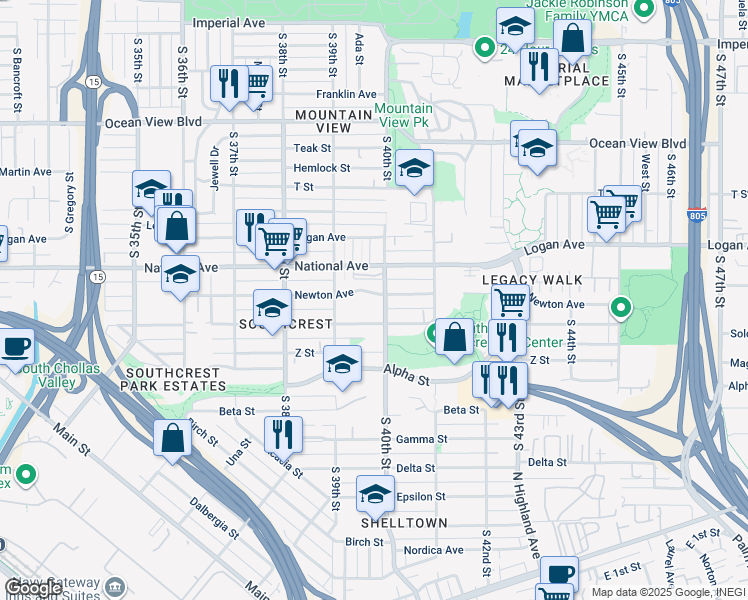 map of restaurants, bars, coffee shops, grocery stores, and more near 1029 South 40th Street in San Diego