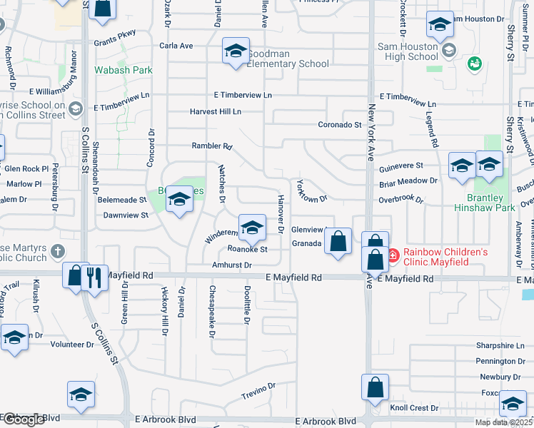 map of restaurants, bars, coffee shops, grocery stores, and more near 1607 Vanderbilt Drive in Arlington