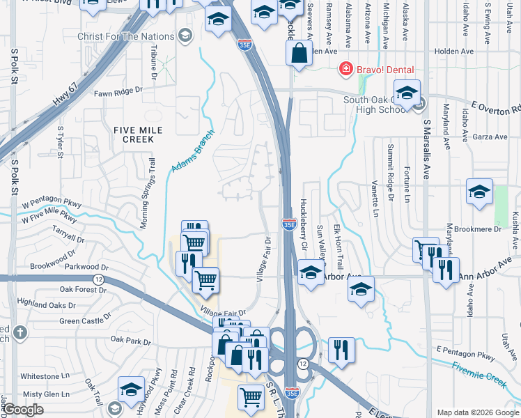 map of restaurants, bars, coffee shops, grocery stores, and more near 5102 Village Fair Drive in Dallas