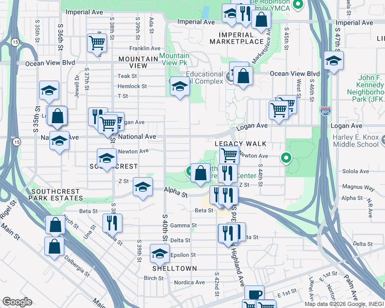 map of restaurants, bars, coffee shops, grocery stores, and more near 1107 South 41st Street in San Diego