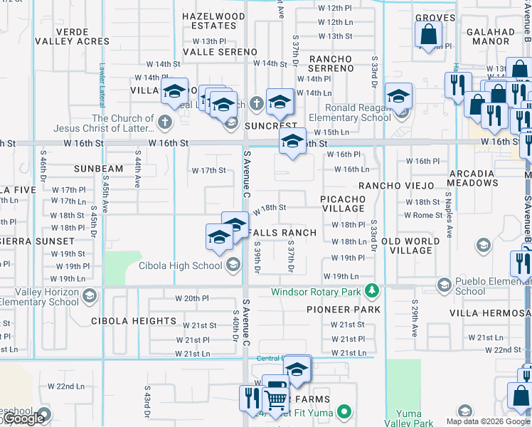 map of restaurants, bars, coffee shops, grocery stores, and more near 3832 West 18th Street in Yuma