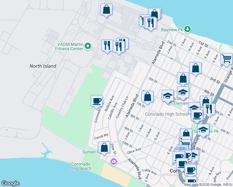 map of restaurants, bars, coffee shops, grocery stores, and more near 701 Balboa Avenue in Coronado