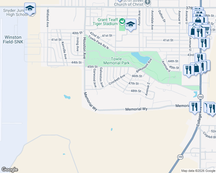 map of restaurants, bars, coffee shops, grocery stores, and more near 4500-4598 Galveston Ave in Snyder