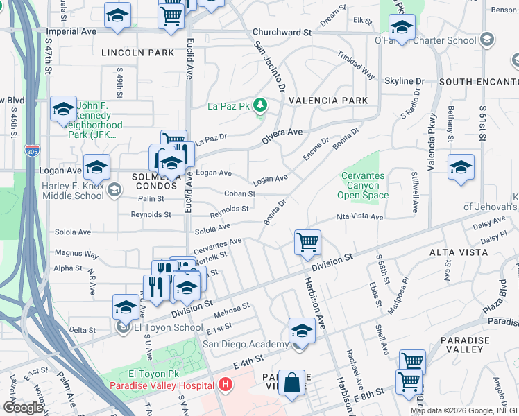 map of restaurants, bars, coffee shops, grocery stores, and more near 5279 Reynolds Street in San Diego