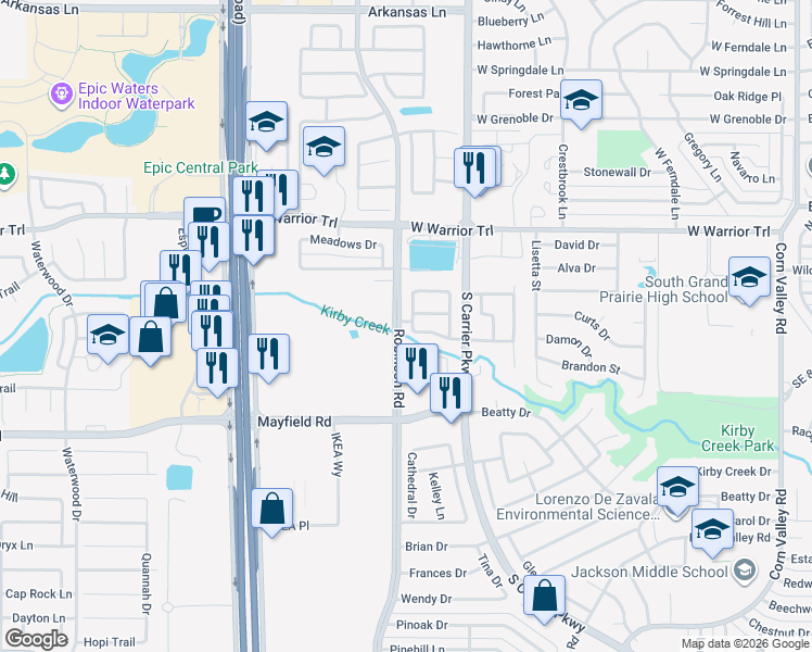 map of restaurants, bars, coffee shops, grocery stores, and more near 3137 Green Branch Drive in Grand Prairie