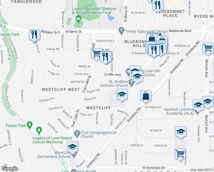 map of restaurants, bars, coffee shops, grocery stores, and more near 3729 Carolyn Road in Fort Worth
