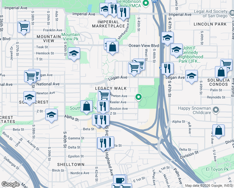 map of restaurants, bars, coffee shops, grocery stores, and more near 39 South 44th Street in San Diego