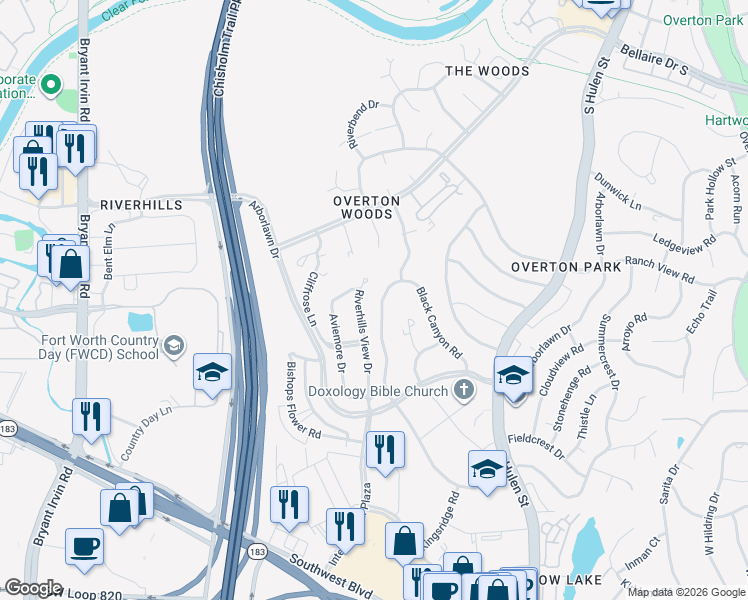 map of restaurants, bars, coffee shops, grocery stores, and more near 3703 Riverhills View Drive in Fort Worth