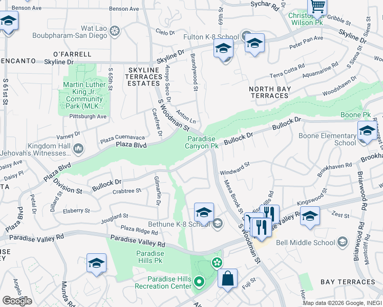map of restaurants, bars, coffee shops, grocery stores, and more near 6866 Bullock Drive in San Diego