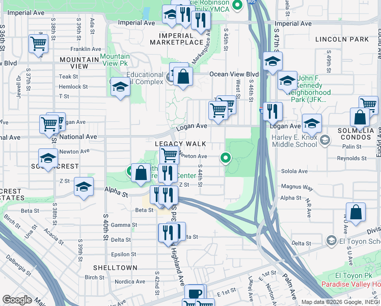 map of restaurants, bars, coffee shops, grocery stores, and more near 39 South 44th Street in San Diego