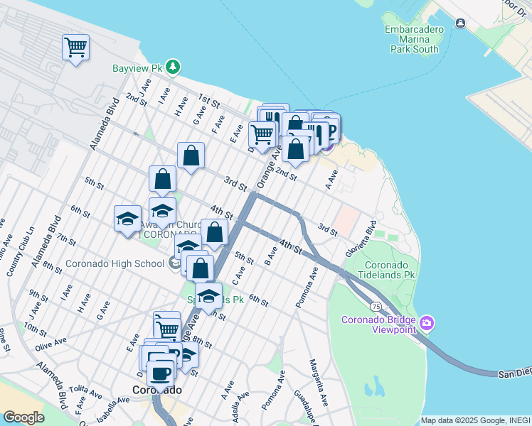 map of restaurants, bars, coffee shops, grocery stores, and more near 301 Orange Avenue in Coronado