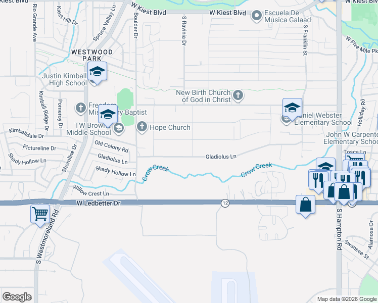 map of restaurants, bars, coffee shops, grocery stores, and more near 3010 Bridal Wreath Lane in Dallas