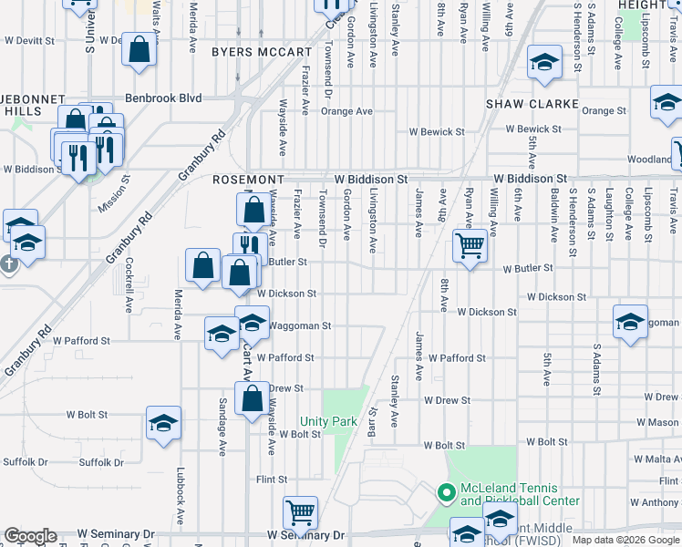map of restaurants, bars, coffee shops, grocery stores, and more near 3624 Gordon Avenue in Fort Worth