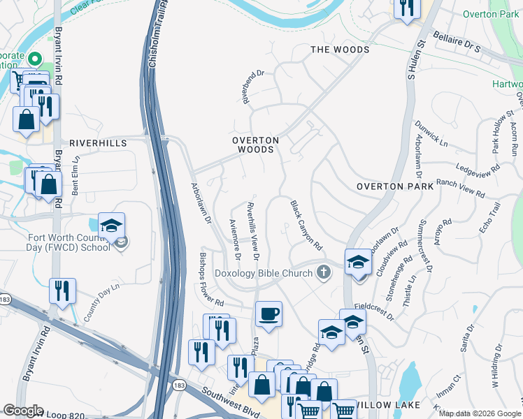 map of restaurants, bars, coffee shops, grocery stores, and more near 3703 Riverhills View Drive in Fort Worth