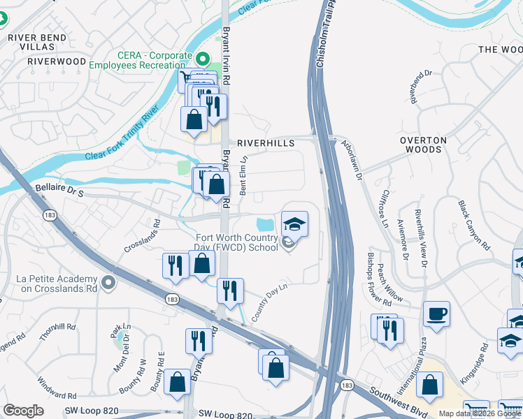 map of restaurants, bars, coffee shops, grocery stores, and more near 5449 Huntly Drive in Fort Worth