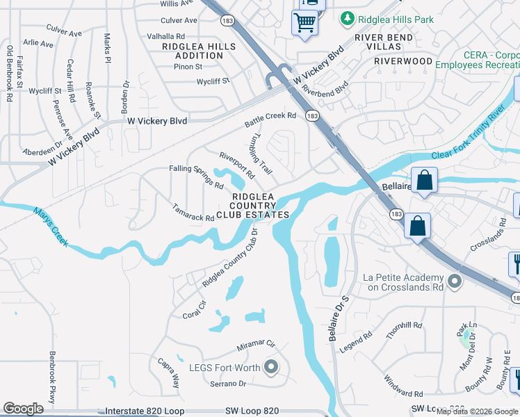 map of restaurants, bars, coffee shops, grocery stores, and more near 7001 Riverport Road in Fort Worth