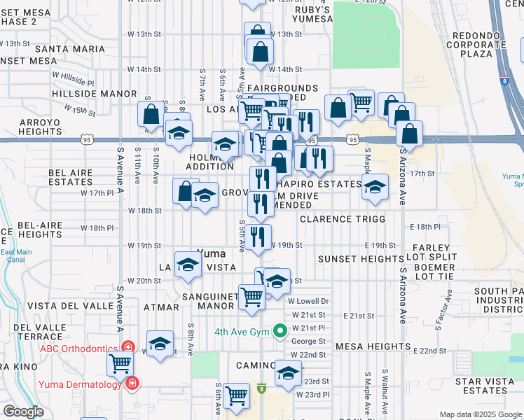 map of restaurants, bars, coffee shops, grocery stores, and more near 310 West 17th Place in Yuma