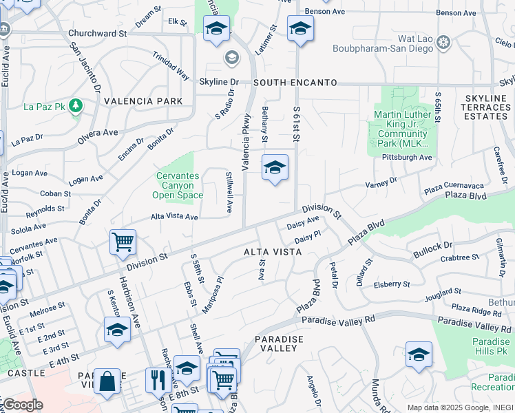 map of restaurants, bars, coffee shops, grocery stores, and more near 5930 Division Street in San Diego