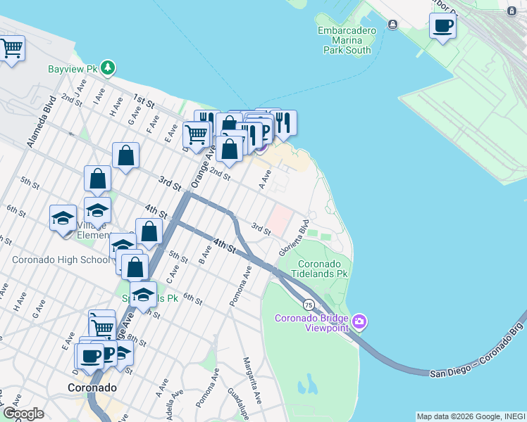 map of restaurants, bars, coffee shops, grocery stores, and more near 235 El Chico Lane in Coronado