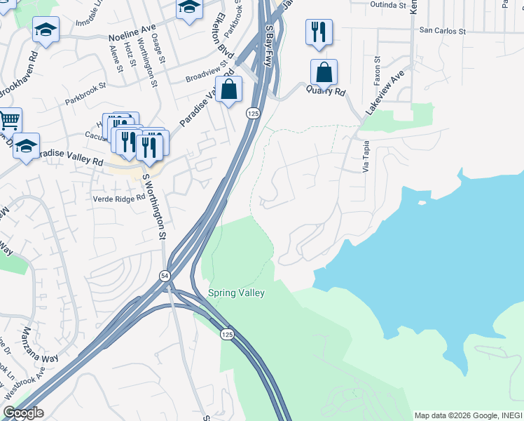 map of restaurants, bars, coffee shops, grocery stores, and more near 8729 Spring Canyon Drive in Spring Valley