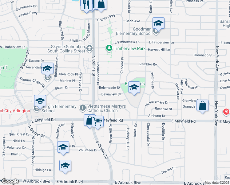 map of restaurants, bars, coffee shops, grocery stores, and more near 1004 Belemeade Street in Arlington
