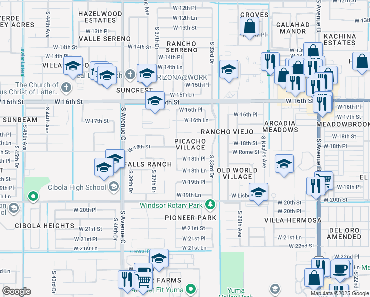 map of restaurants, bars, coffee shops, grocery stores, and more near 1753 35th Avenue in Yuma