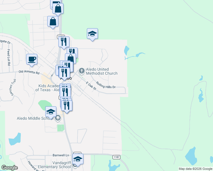 map of restaurants, bars, coffee shops, grocery stores, and more near 209 Scenic Drive in Aledo