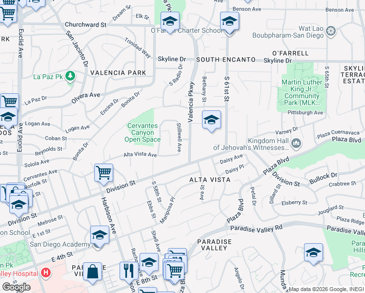 map of restaurants, bars, coffee shops, grocery stores, and more near 1030 Valencia Parkway in San Diego