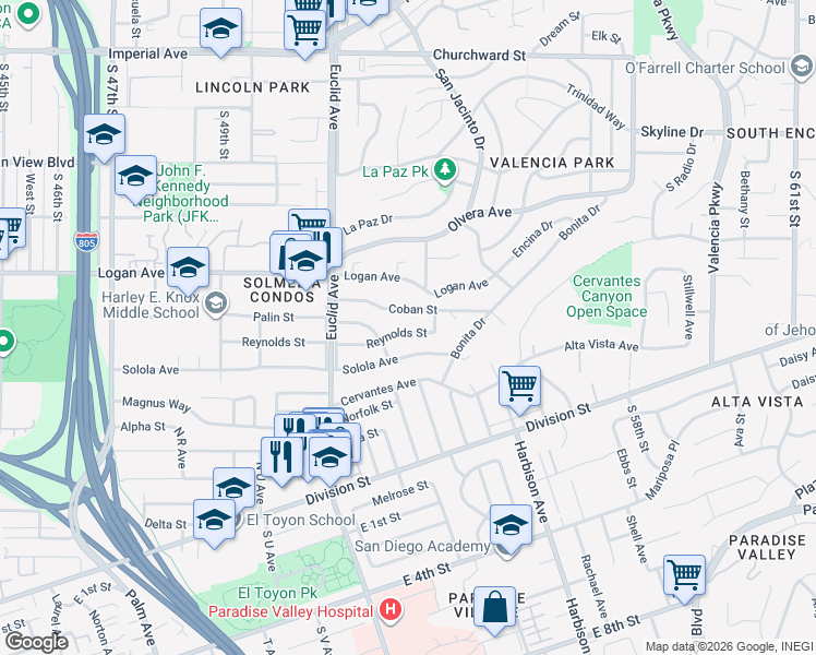 map of restaurants, bars, coffee shops, grocery stores, and more near 5221 Coban Street in San Diego