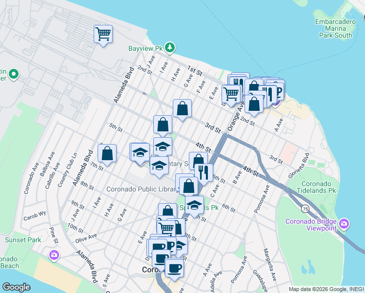 map of restaurants, bars, coffee shops, grocery stores, and more near 431 F Avenue in Coronado