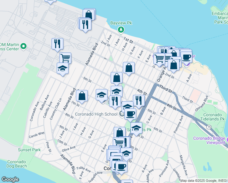 map of restaurants, bars, coffee shops, grocery stores, and more near 410 G Avenue in Coronado