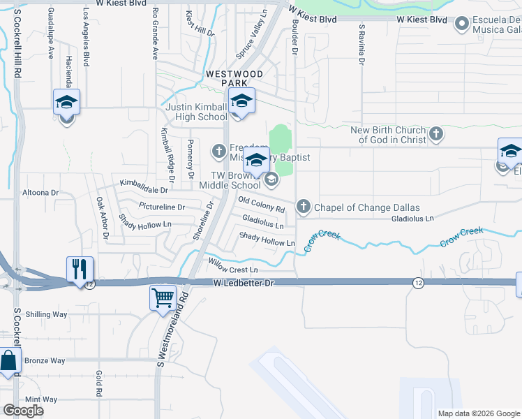 map of restaurants, bars, coffee shops, grocery stores, and more near 3407 Old Colony Road in Dallas
