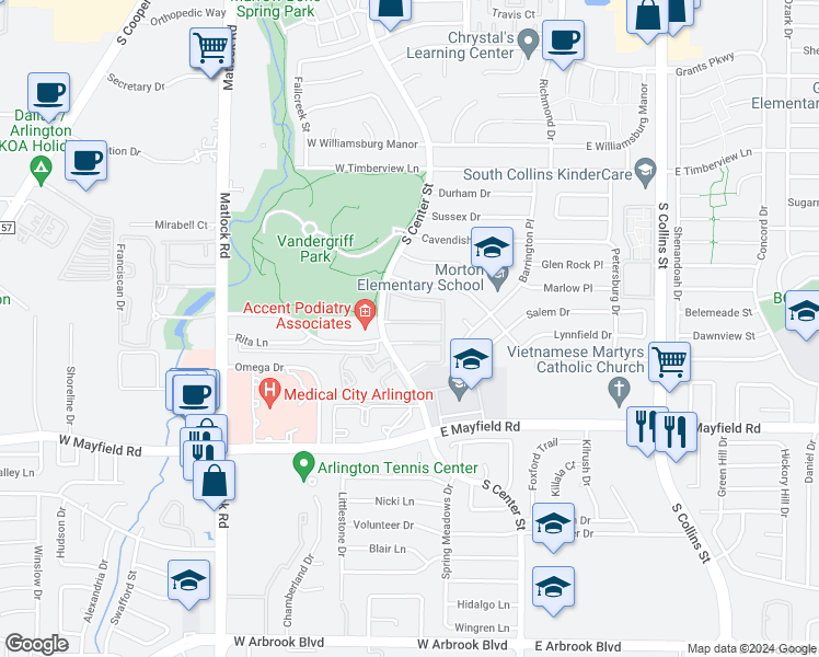 map of restaurants, bars, coffee shops, grocery stores, and more near 3001 South Center Street in Arlington