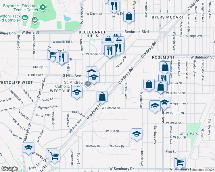 map of restaurants, bars, coffee shops, grocery stores, and more near 3712 Jeanette Drive in Fort Worth